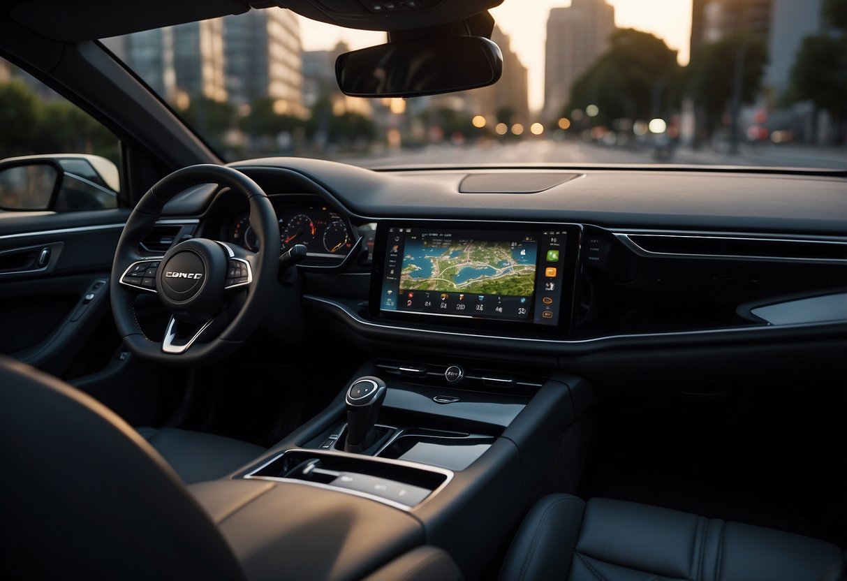A sleek car dashboard with a large touchscreen display, surrounded by buttons and dials, showcasing various infotainment features and apps