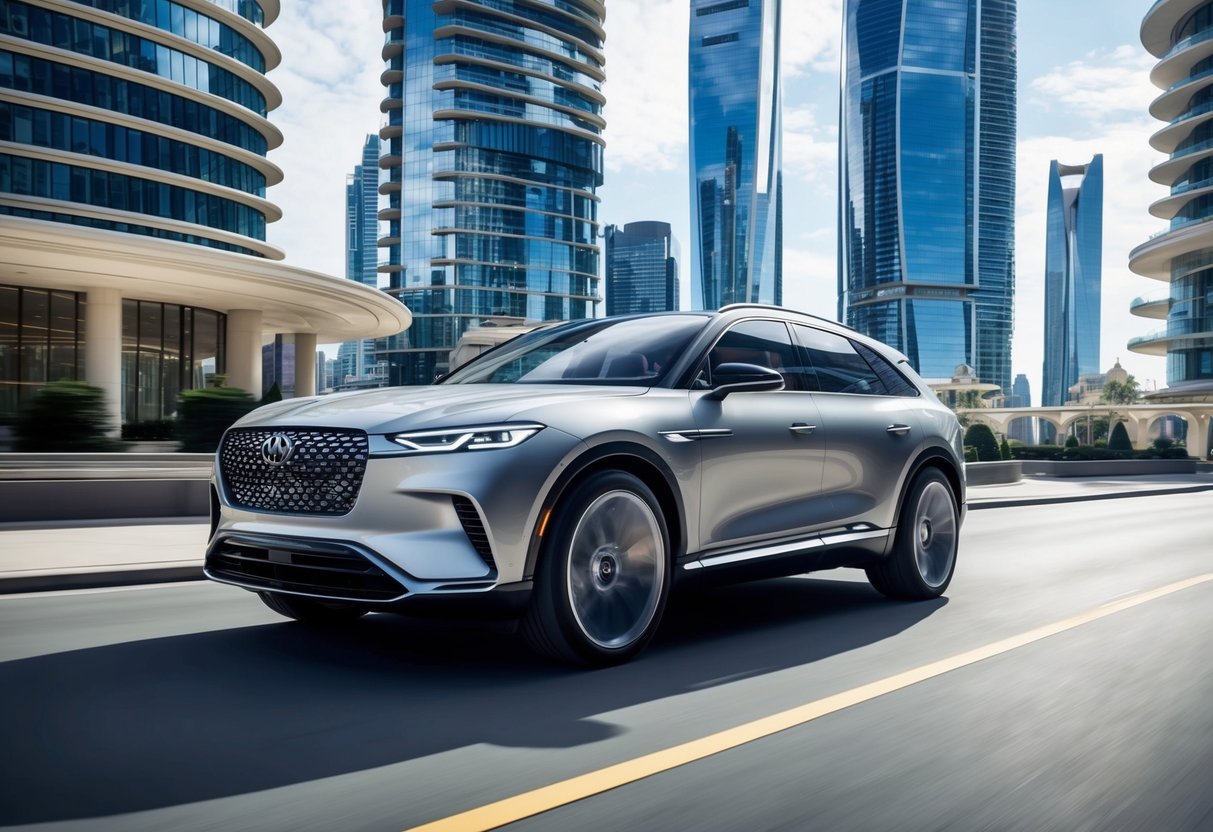 A sleek, futuristic luxury SUV glides through a modern city, surrounded by opulent skyscrapers and cutting-edge architecture. The vehicle exudes power and elegance, with its streamlined design and advanced technology