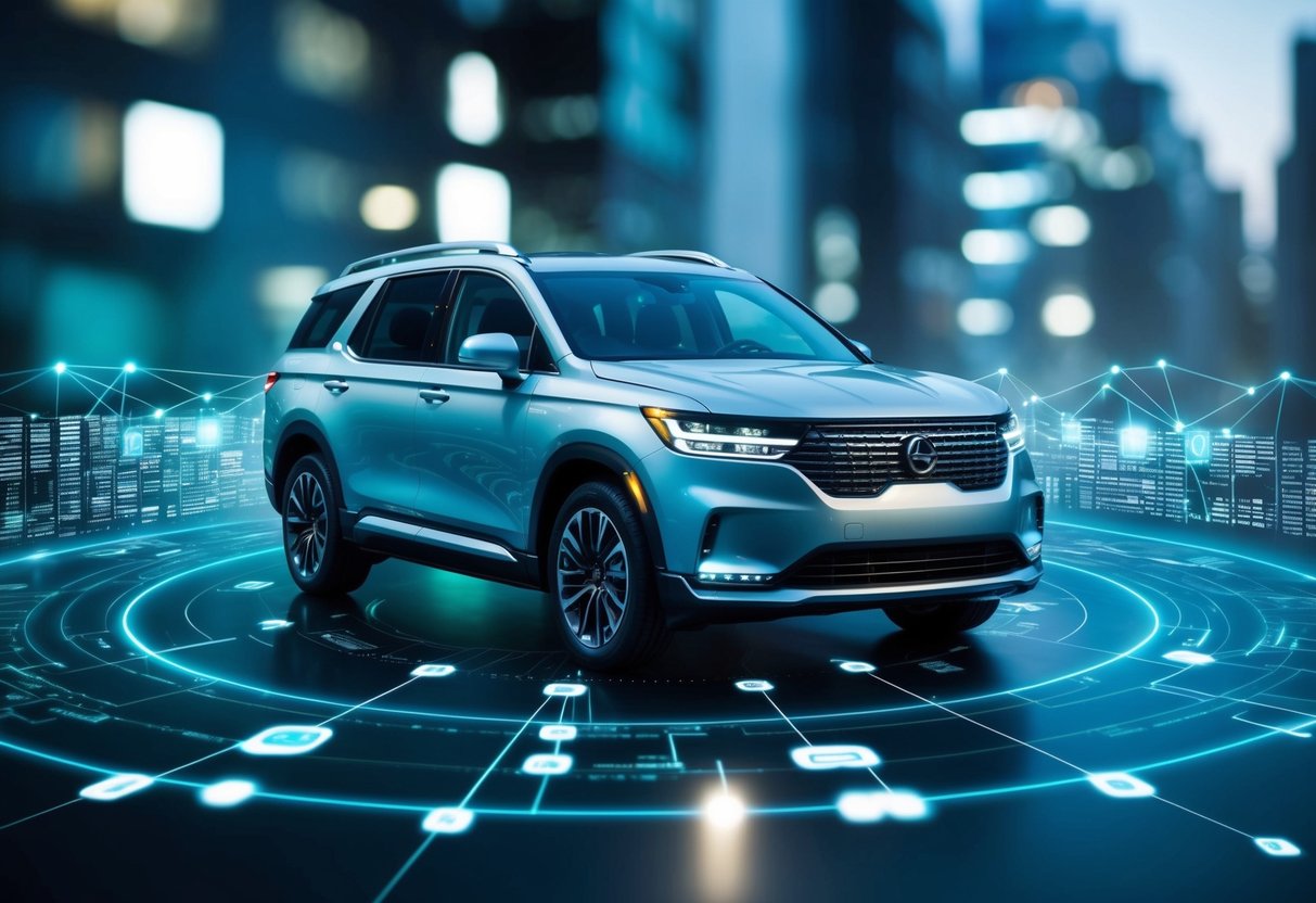 Feature image A sleek vehicle with glowing digital displays, surrounded by a network of interconnected nodes and security protocols